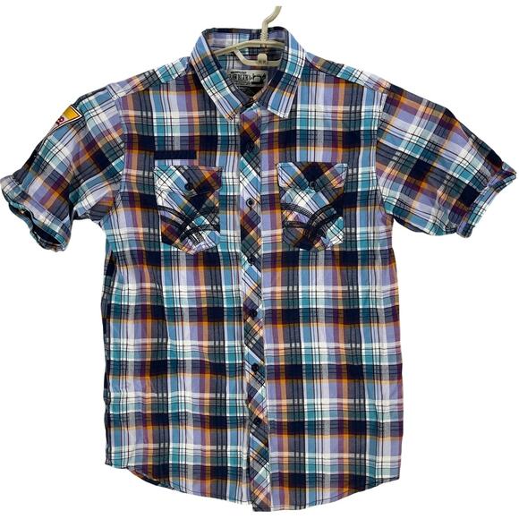 Raw Blue Button Up Shirt Men Size M Blue Purple Short Sleeves Cotton Blend Y2K - Picture 2 of 6